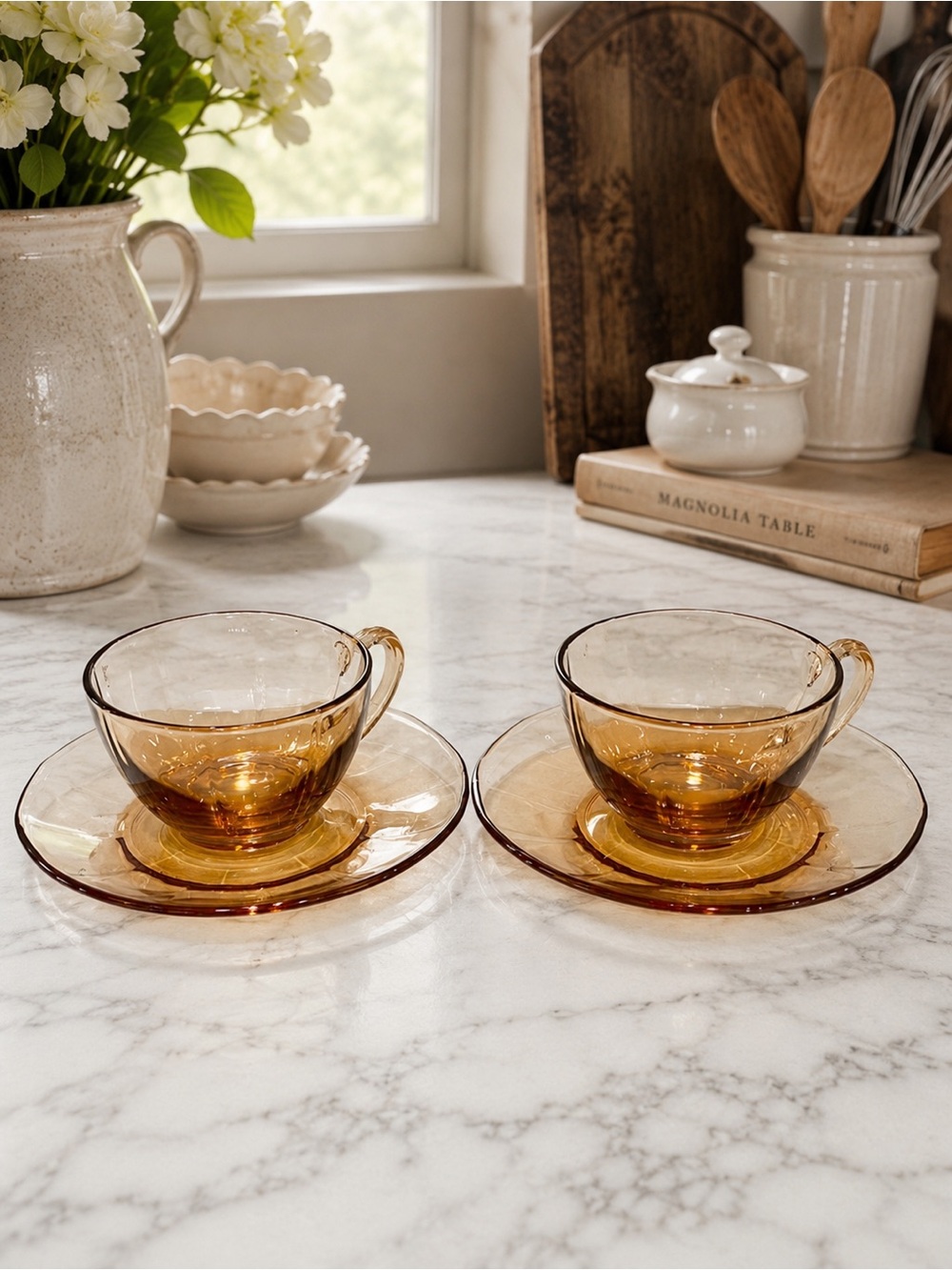 💥3/$50 Pair (2) Fostoria Glass Vintage Amber Glass Tea Cup & Saucer Set | EUC
